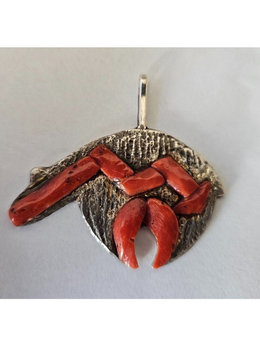 Handcrafted Bear Pendant With Red Coral Inlay Textured Silver-Tone Finish Unique